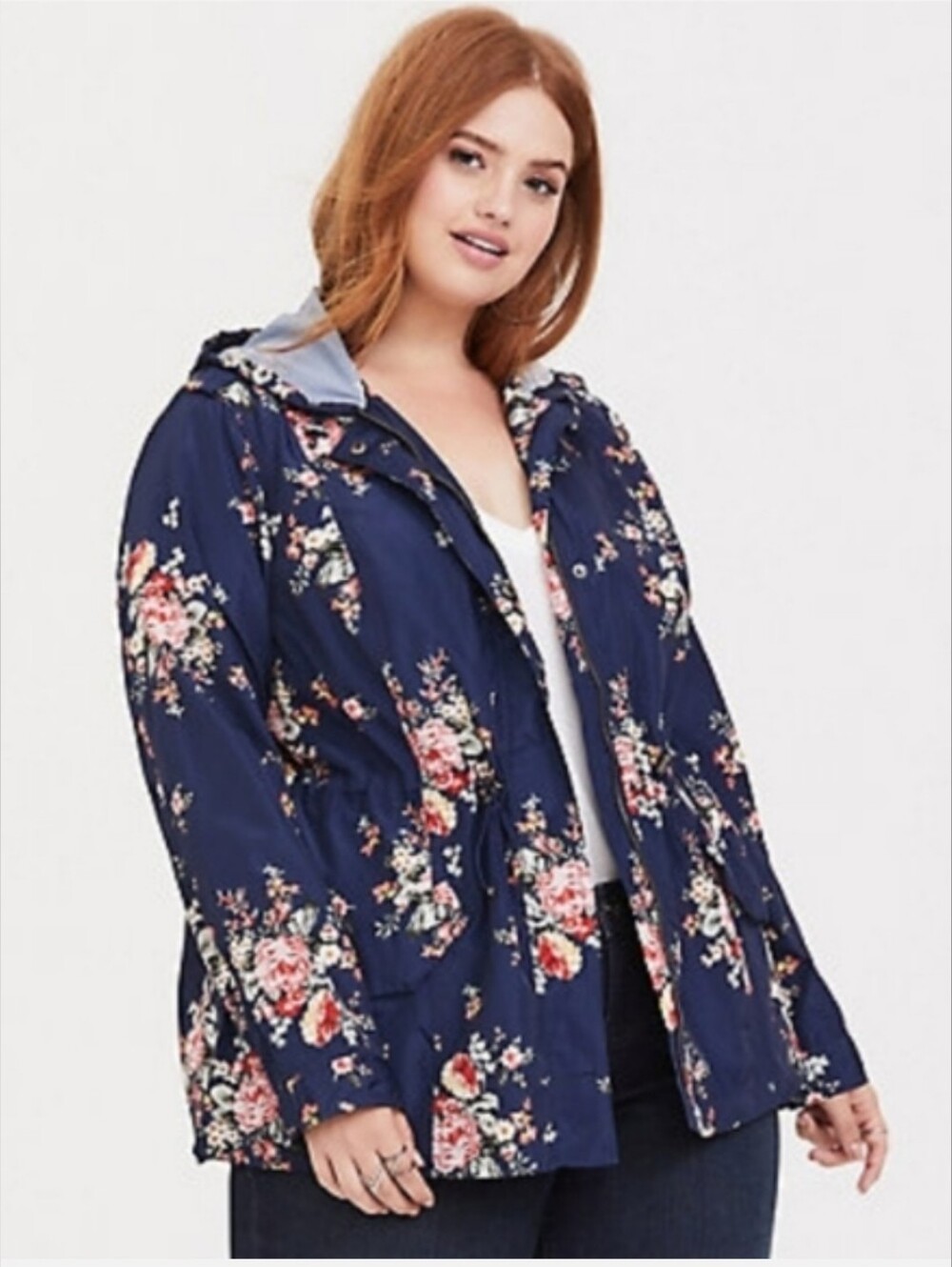 Torrid Floral Rain Jacket with Hood Size 3 Or 3X Windbreaker Navy Floral Print